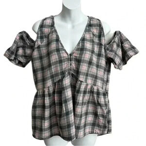 MELROSE AND MARKET Women's Cold Shoulder Plaid Top | Pink and Blue | Size M